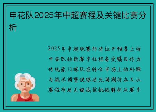 申花队2025年中超赛程及关键比赛分析